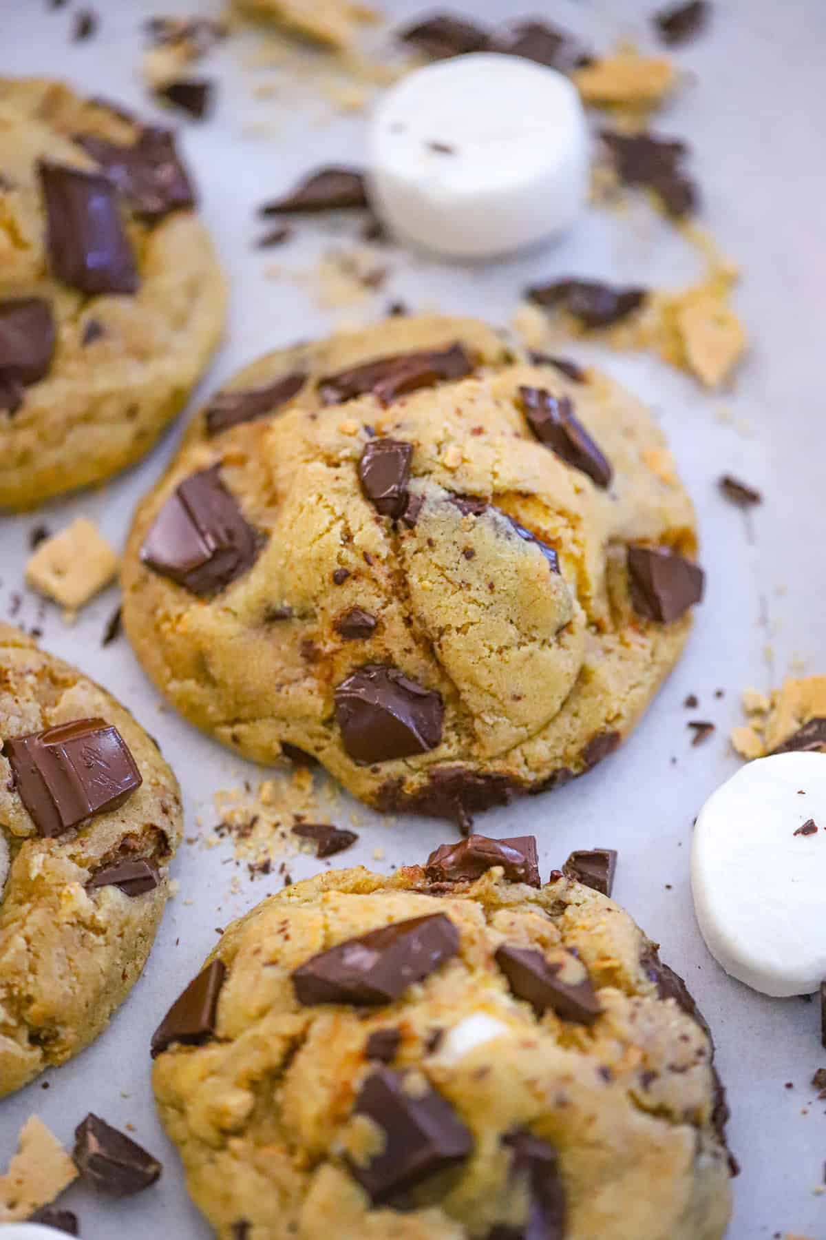 marshmallow stuffed s'mores cookies pulled apart