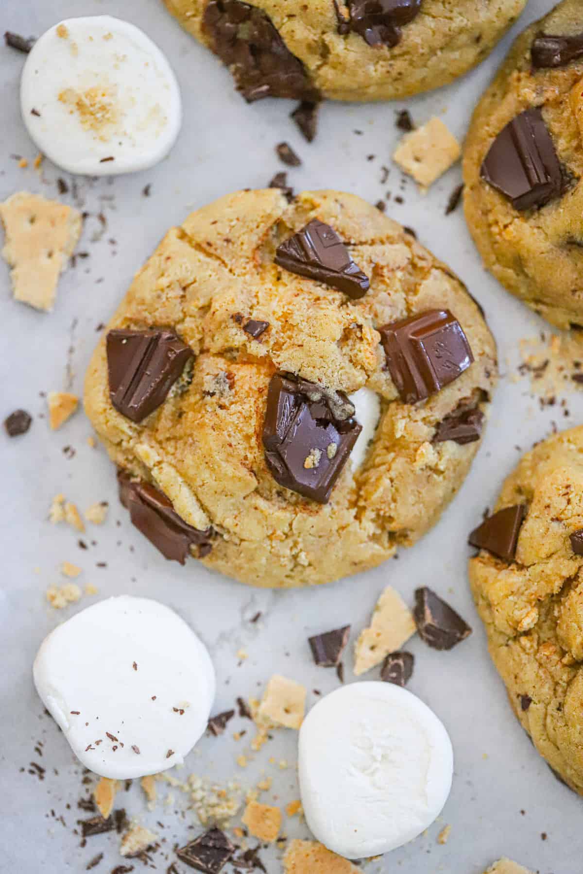 jumbo s'mores cookies stacked and gooey