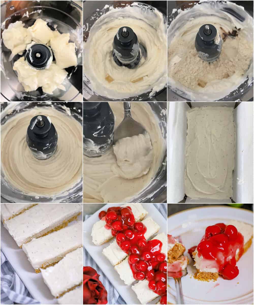 vanilla bean cheesecake with cherry topping in a loaf pan