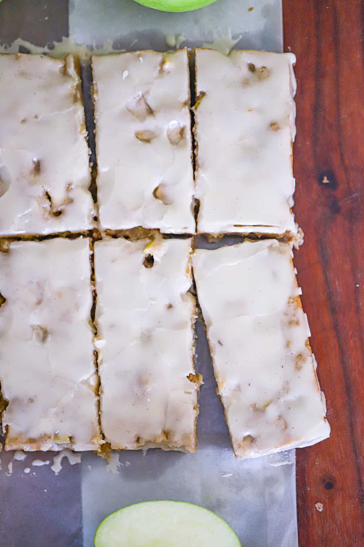 Soft cinnamon-spiced blondie squares topped with vanilla glaze