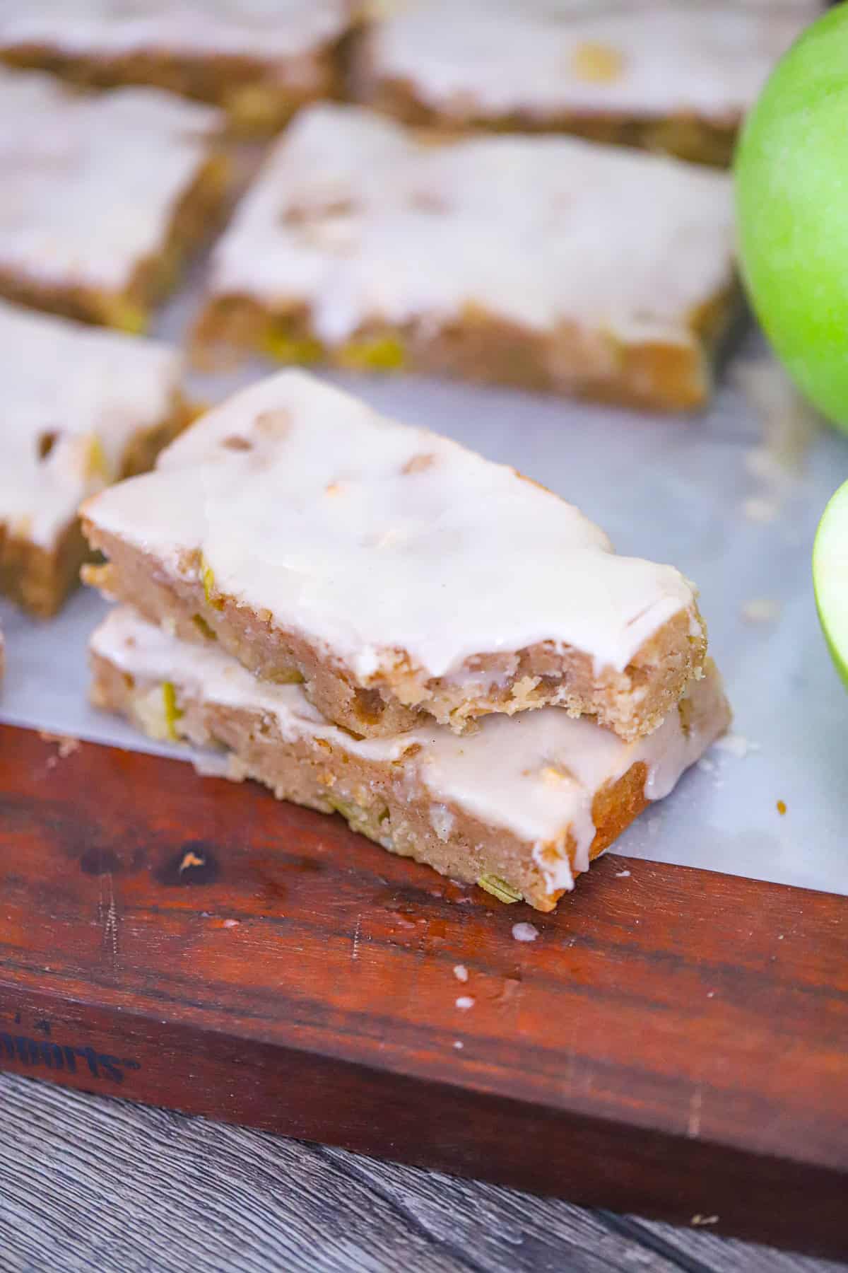 Glazed apple snack bars sliced on a cutting board