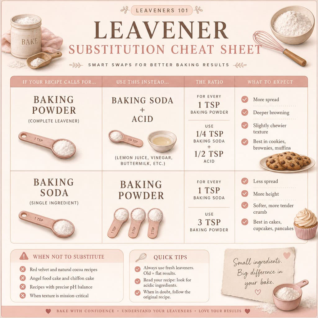 Baking leavener substitution chart for baking powder, and baking soda and acid