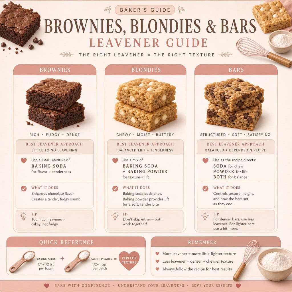 nfographic showing how leaveners change the texture of brownies, blondies, and dessert bars.