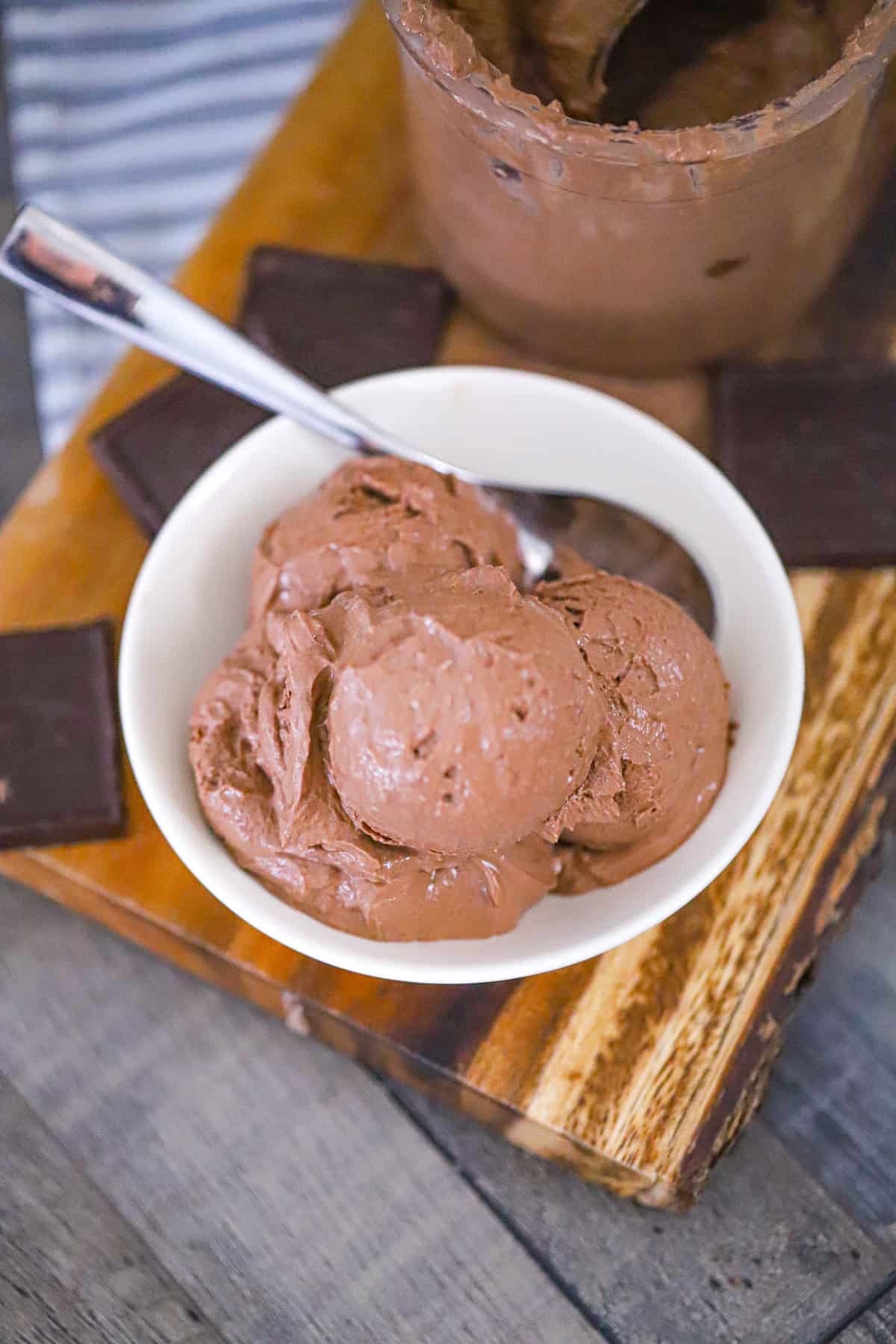 Bowl of rich chocolate frozen yogurt topped with chocolate shavings ninja creami greek yogurt recipe