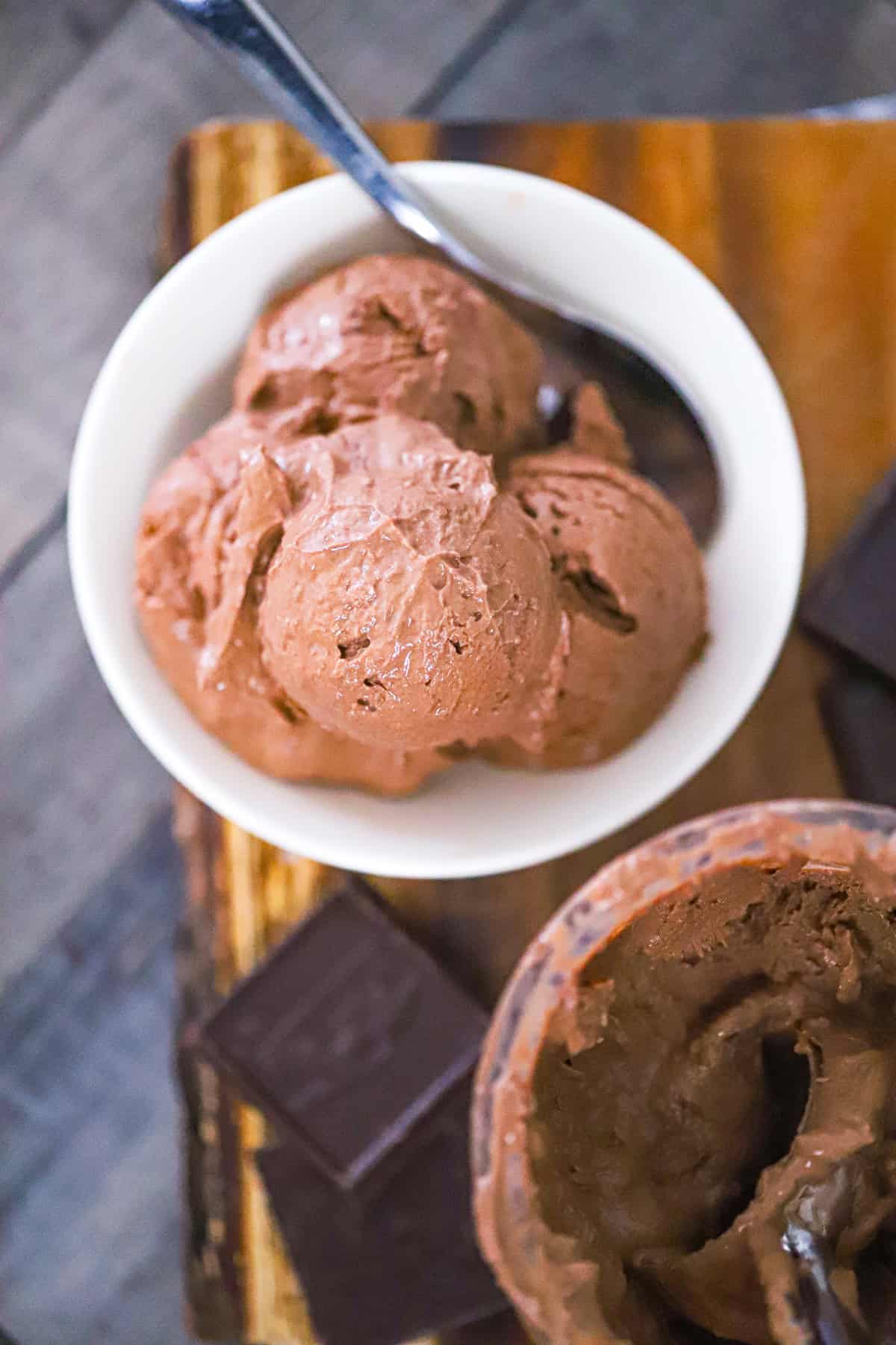 Scoops of high protein chocolate ice cream in a glass dish