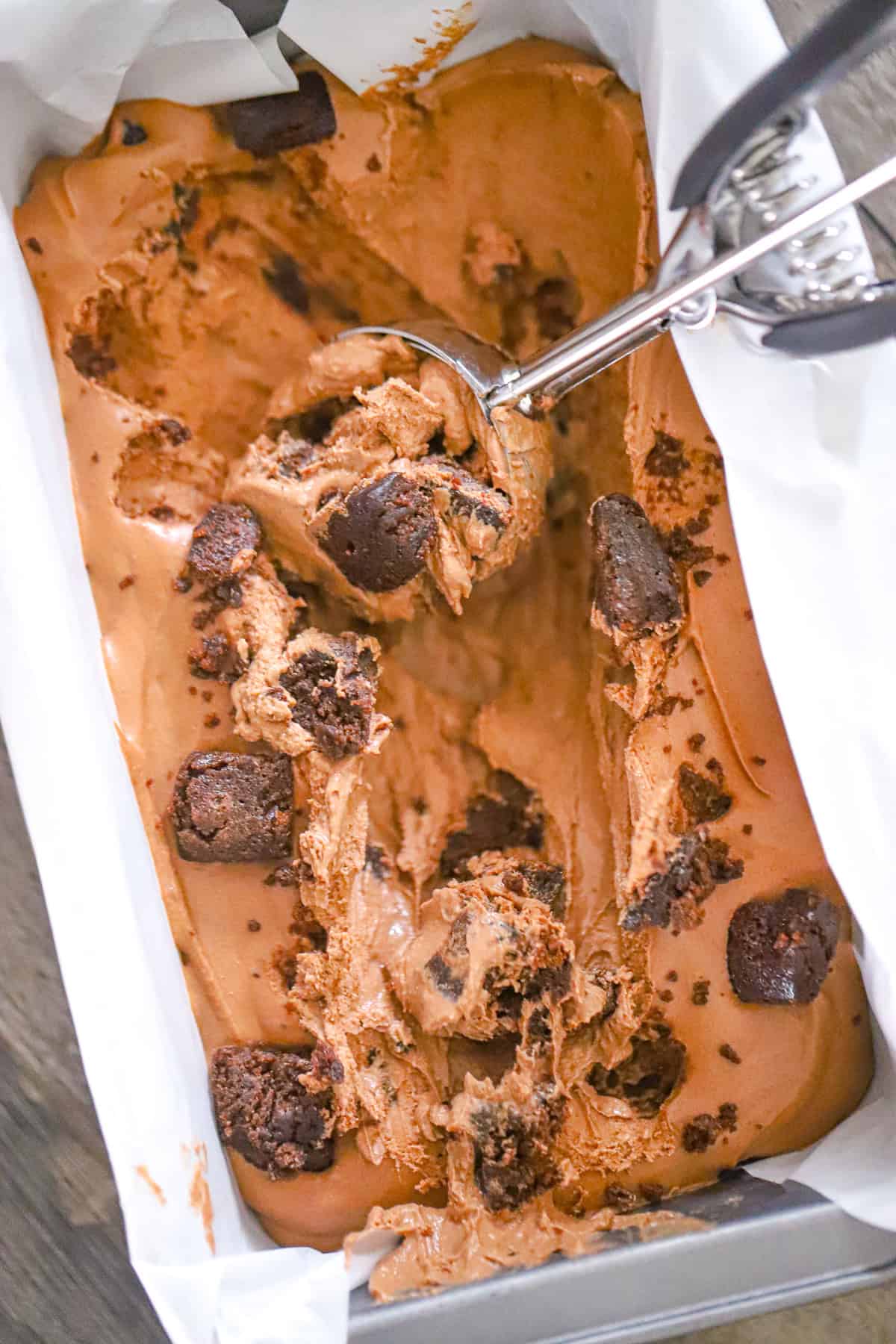 chocolate brownie no churn ice cream served with rich brownie pieces with a cottage cheese ice cream base