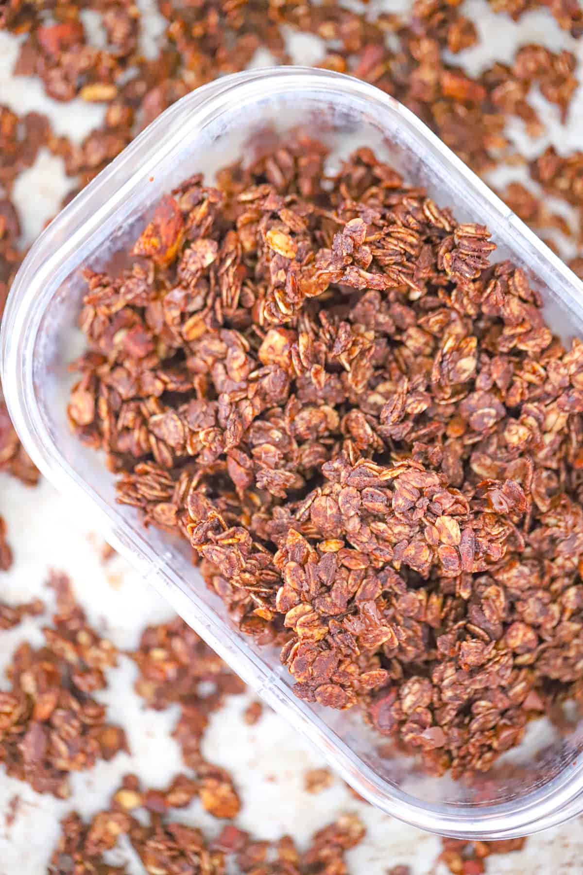 crisp chocolate granola clusters with pecans ready for breakfast