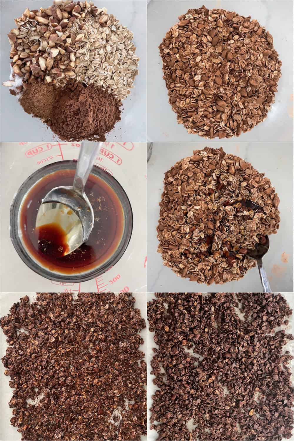 chai spice cocoa granola served in a bowl with crunchy chocolate clusters