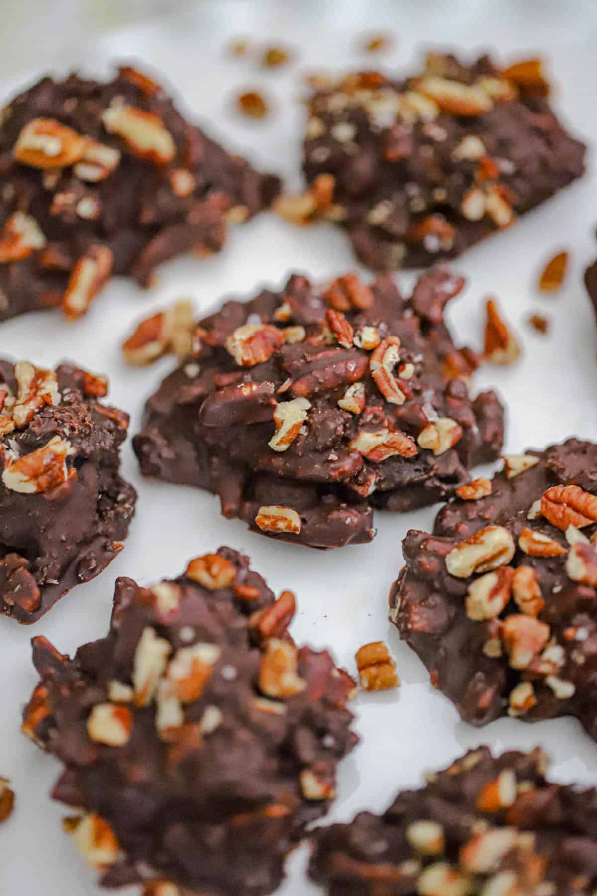 Fudgy chocolate candy bites with pecan tops arranged on a serving platter