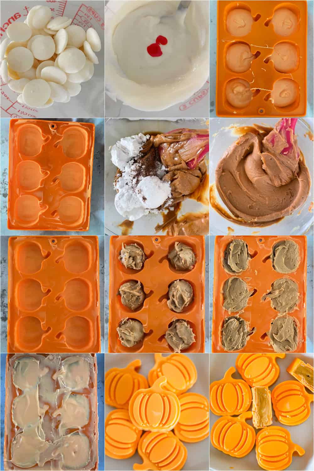 Step-by-step collage showing orange chocolate shells and peanut butter filling in a pumpkin mold