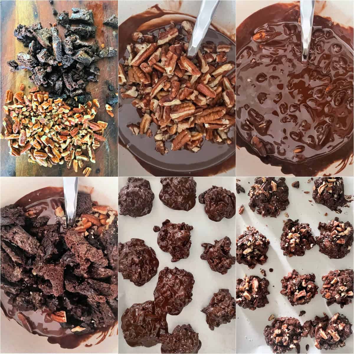 Dark chocolate brownie clusters being mixed, scooped, and topped with chopped pecans - leftover brownie dessert