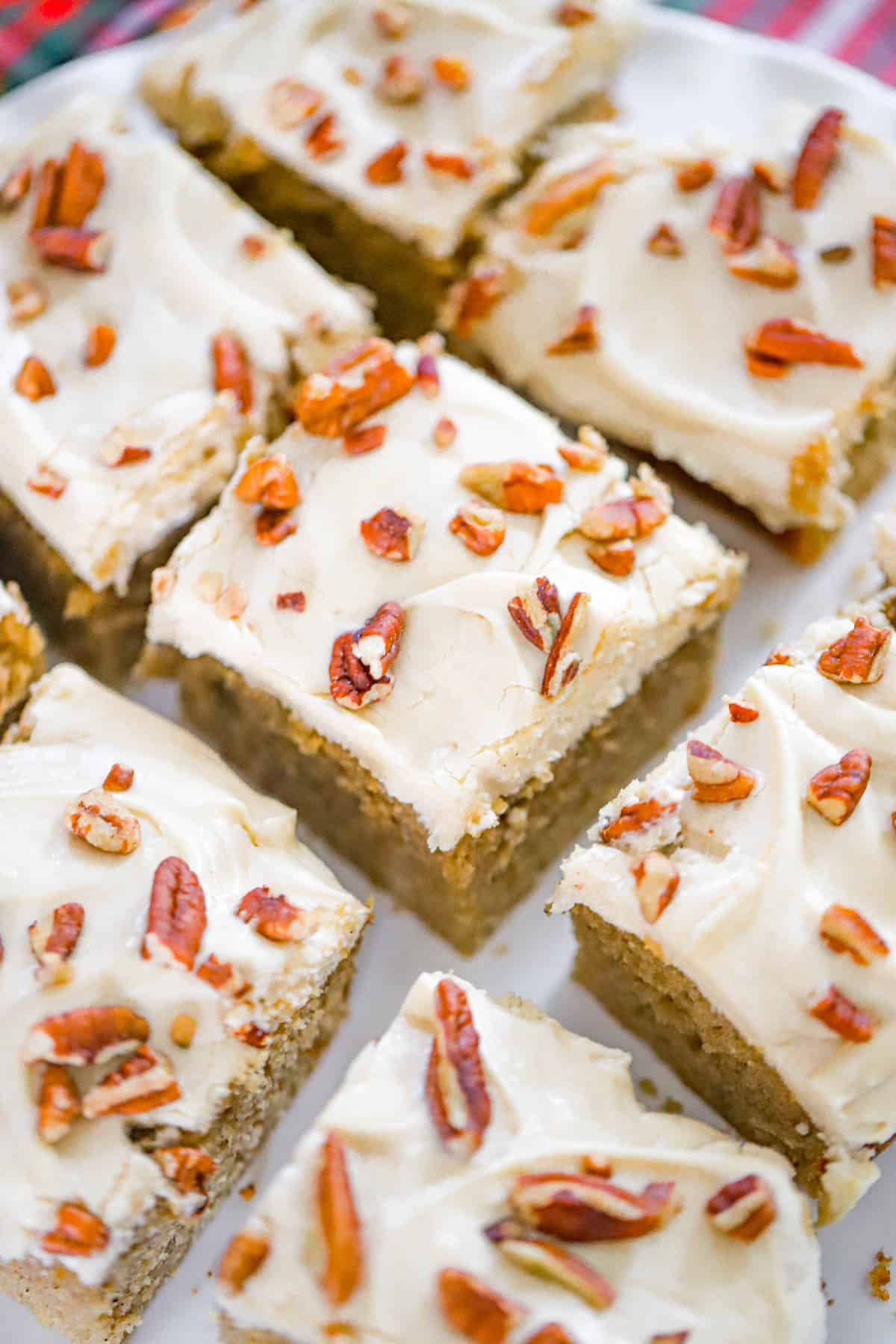 Overhead view of frosted dessert squares sprinkled with chopped pecans - fall snack cake recipe