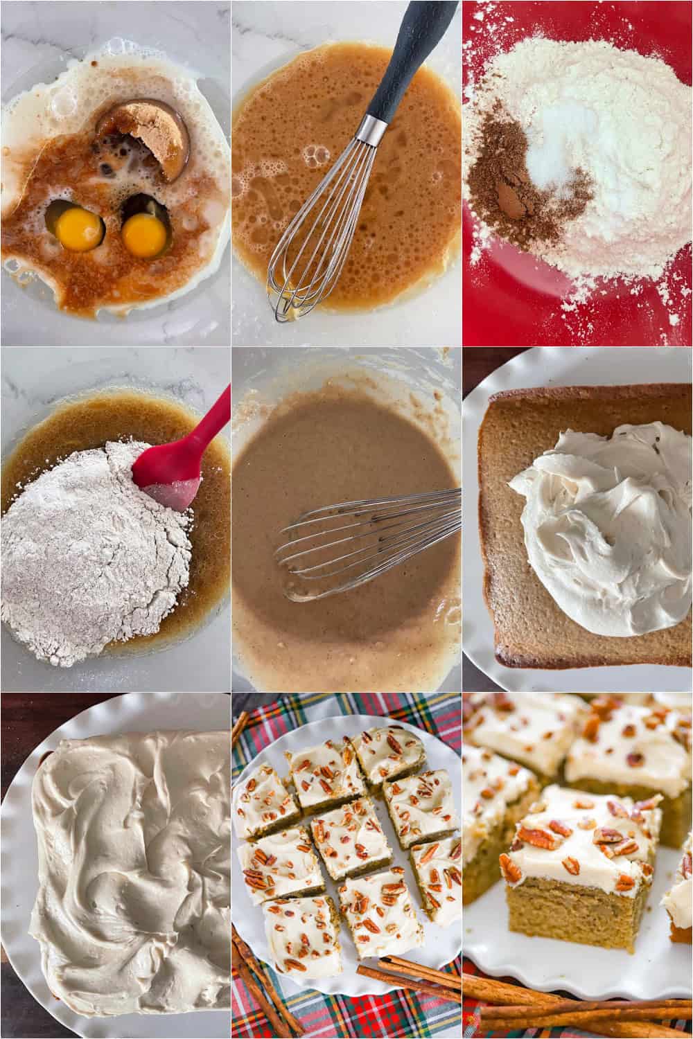 Nine-step collage showing batter, baking, frosting, and sliced dessert squares - fall snack cake recipe