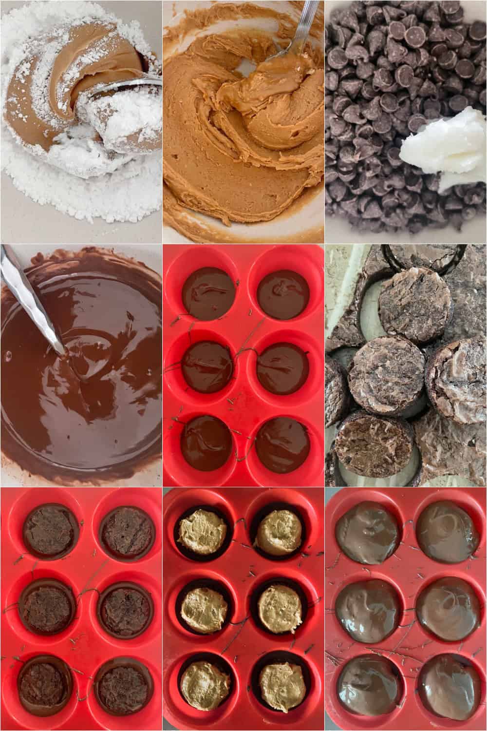 Step-by-step collage for chocolate covered peanut butter brownie cups in silicone molds