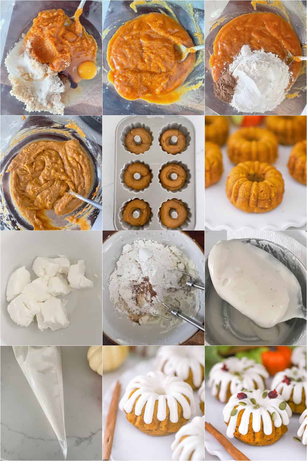 Steps for mixing, baking, and glazing pumpkin chai mini Bundt cakes