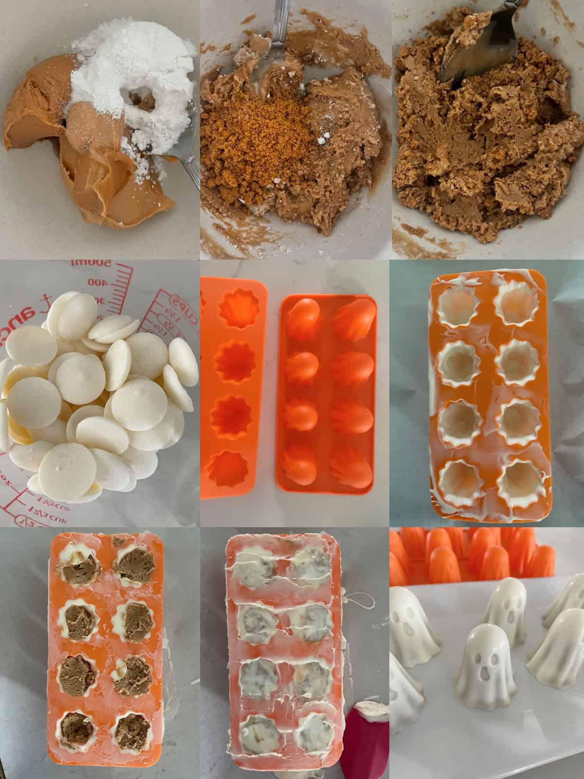 Step-by-step collage of peanut butter, Biscoff crumbs, white chocolate, and a silicone ghost mold