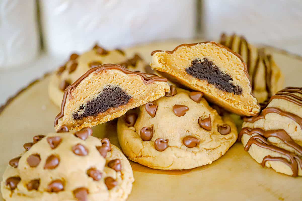 Brownie Stuffed Peanut Butter Cookies showing the dark chocolate center