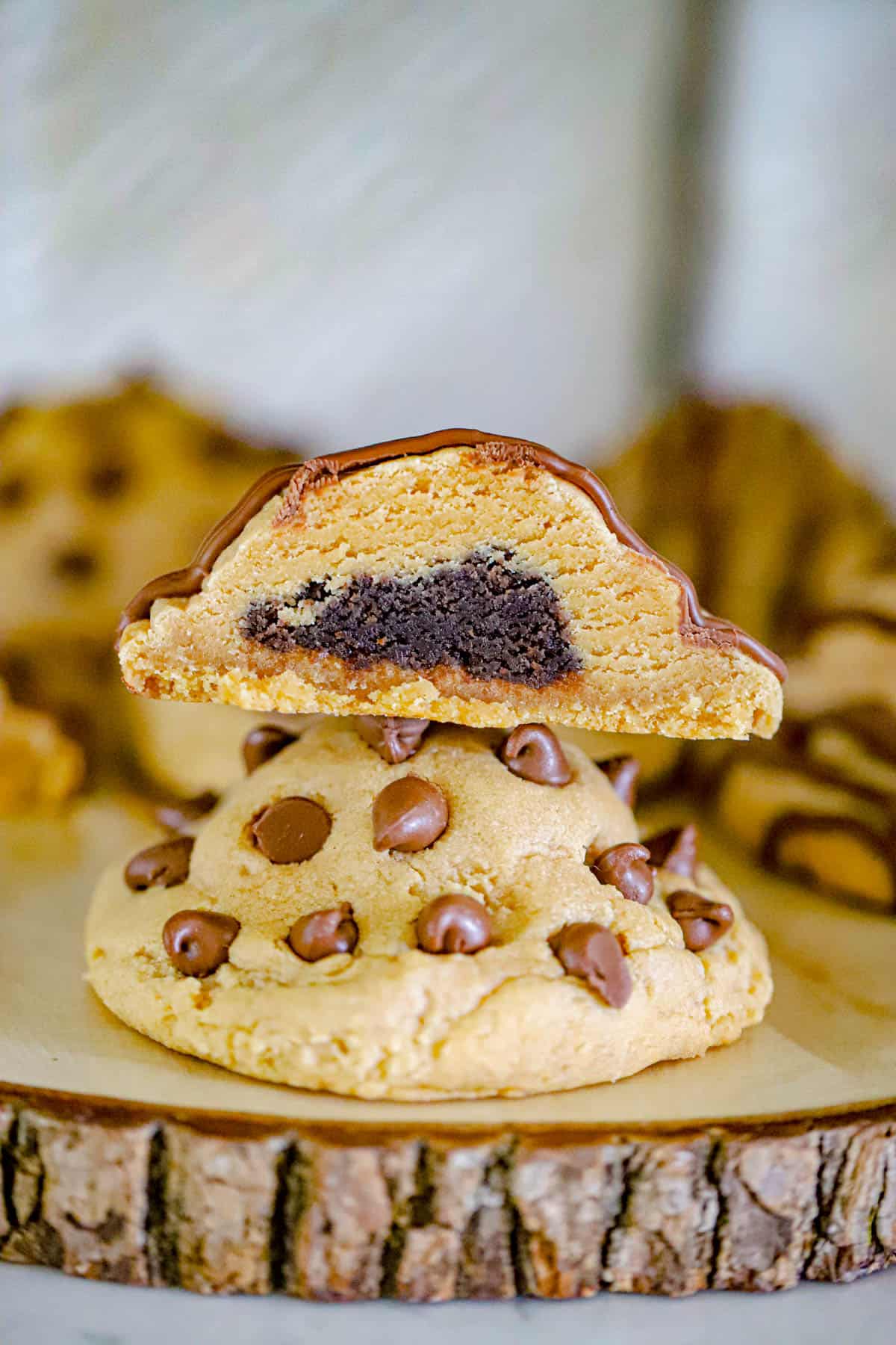 Giant brownie filled peanut butter cookies ready to serve