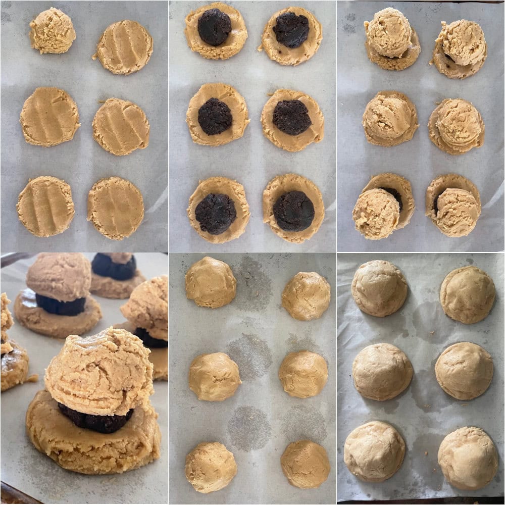 Assembling brownie filled peanut butter cookies with dough above and below each center