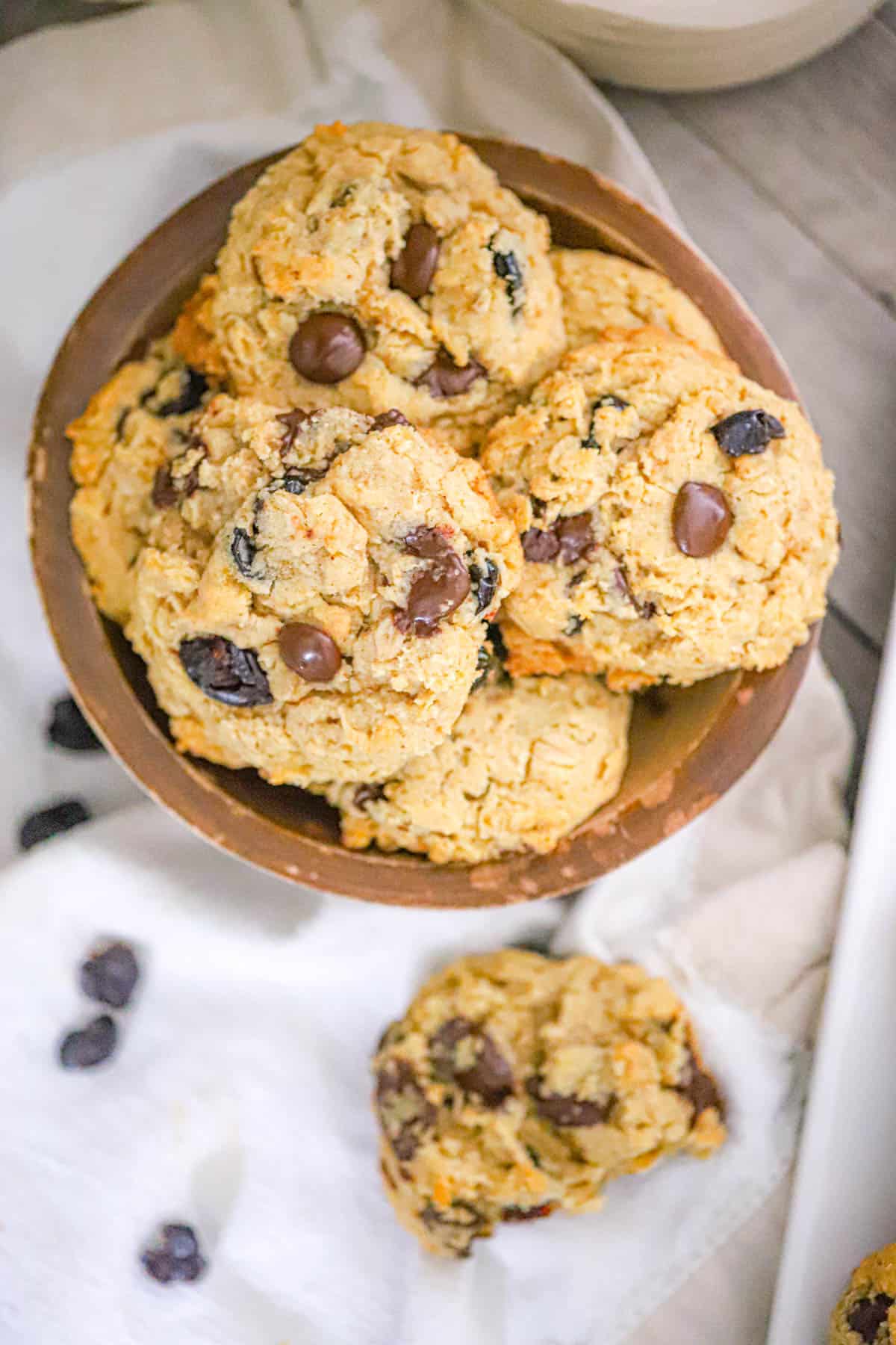 Stack of brown butter cherry oatmeal cookies with dark chocolate chunks
