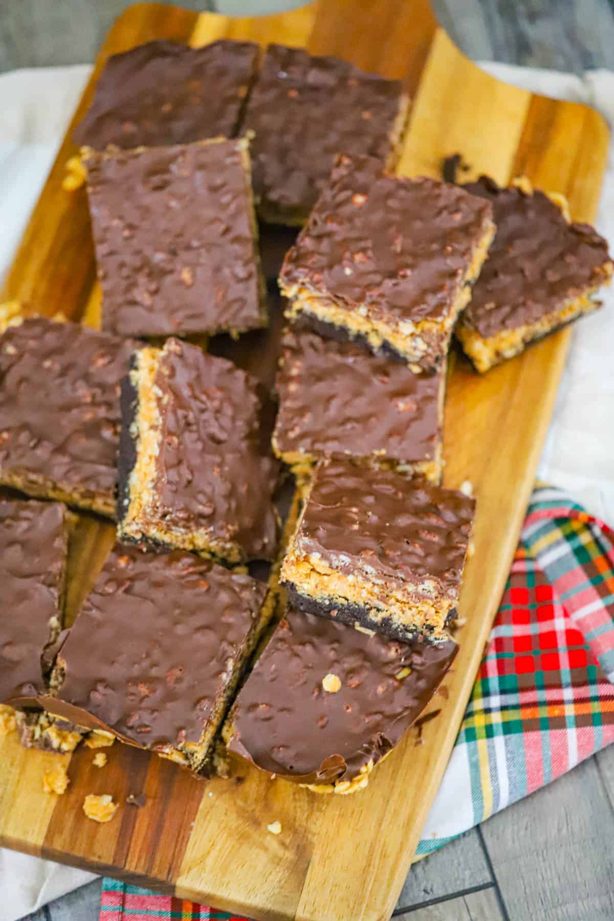 Chocolate topped dessert bars arranged for serving Easy tailgating treats