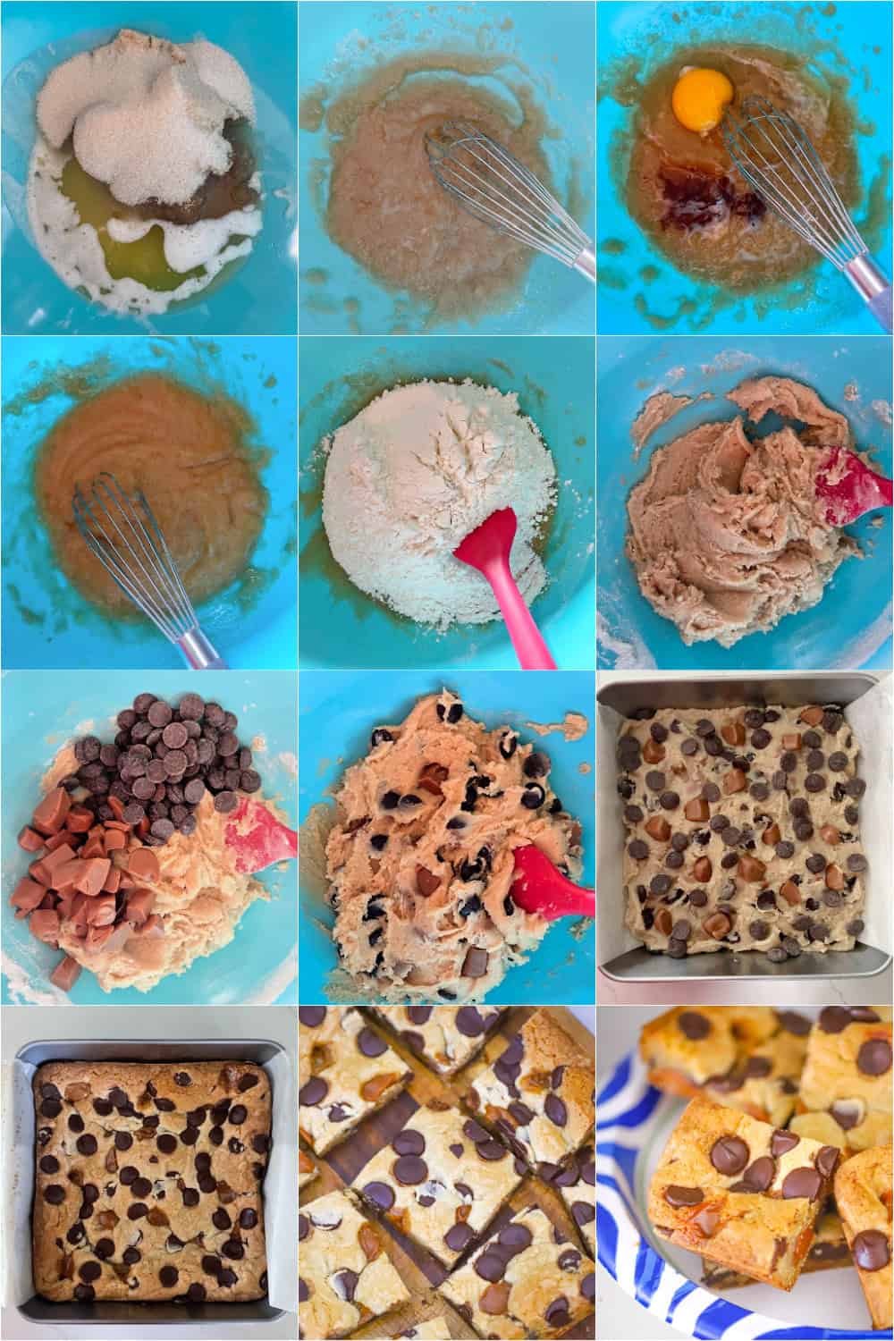Step-by-step collage showing cookie dough, caramel layering, and baked dessert bars