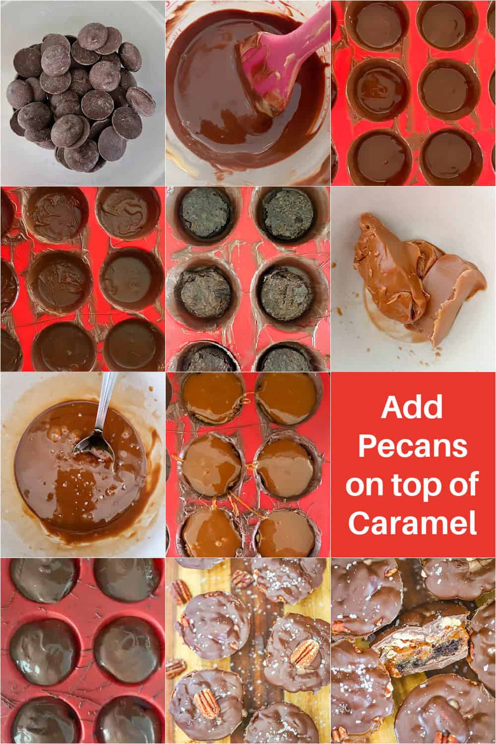 Step-by-step collage for layering chocolate shells, brownie rounds, caramel, and pecans