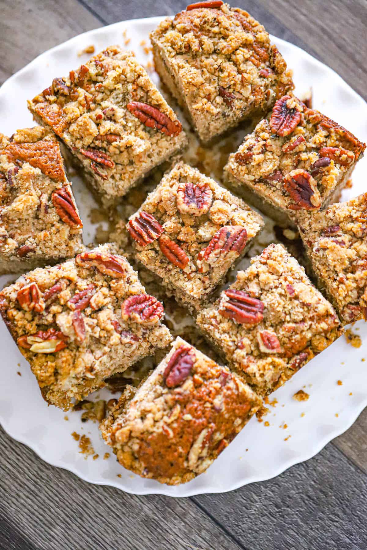Close-up of caramel pecan coffee cake with crunchy crumb topping