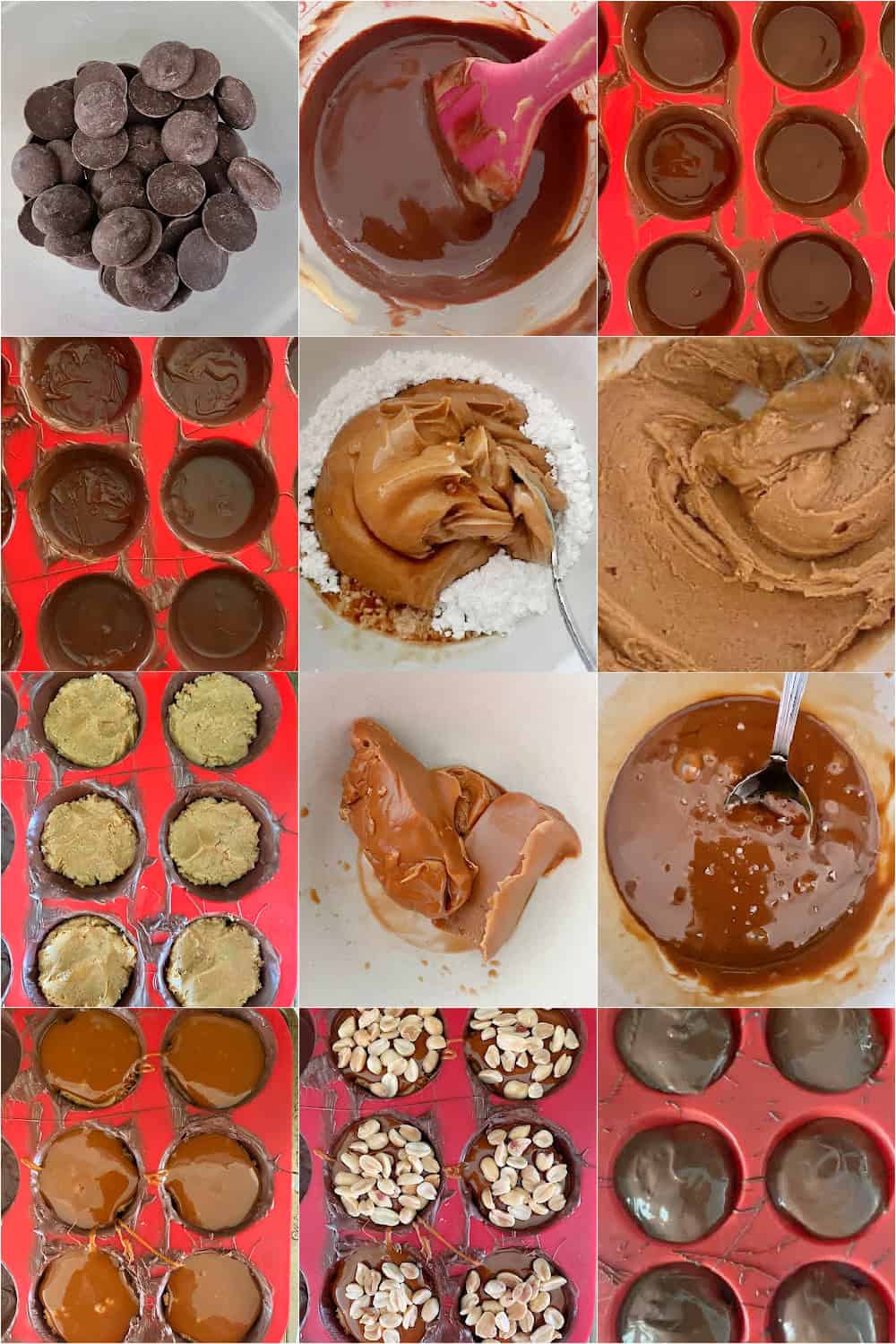 Step-by-step collage for making Snickers Style Peanut Butter Cups in silicone molds