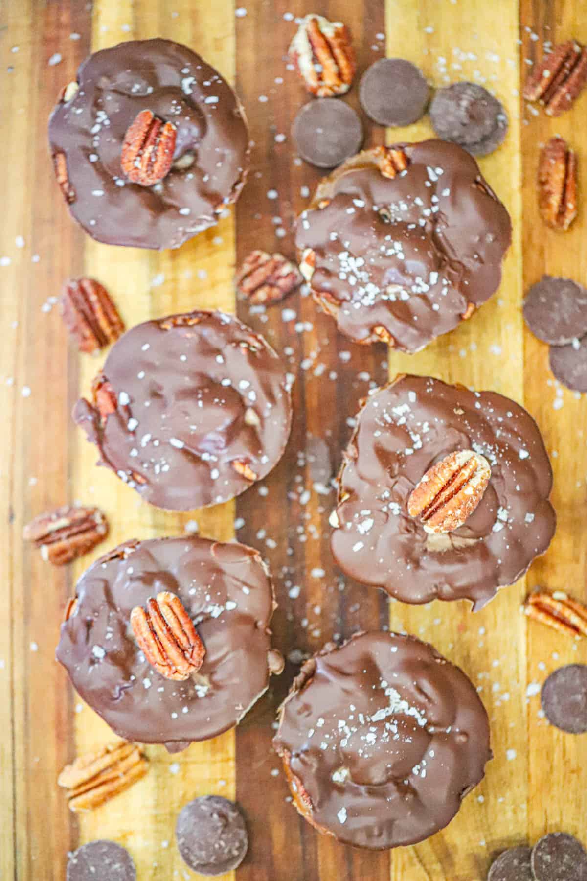 Small batch Salted Turtle Caramel Brownie Cups arranged on a dessert plate