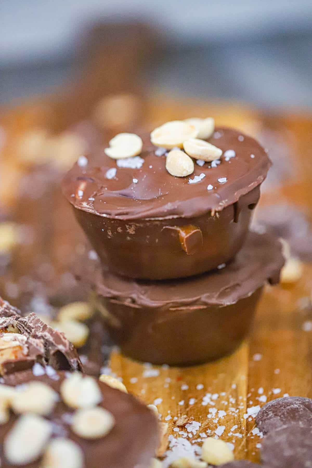 Chocolate candy cups with a smooth shell and chopped roasted peanuts