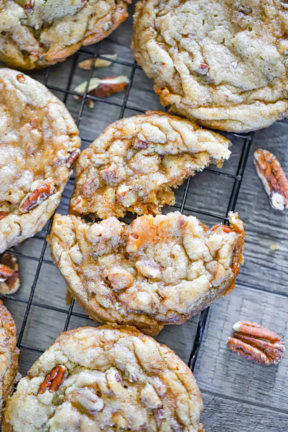 Chewy caramel pecan praline cookies with toasted nuts